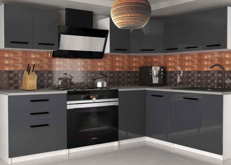 Meuble de cuisine 300 cm gris anthracite brillant graphite sans plan de travail Fabricant INF ARMIN2/2/WT/S/BB/B1