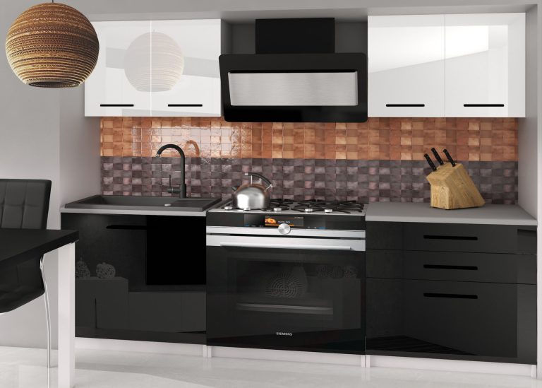 Meubles de cuisine 120 cm blanc brillant noir brillant avec plan de travail Fabricant INF TIESTO2/2/WT/WB/0/B1