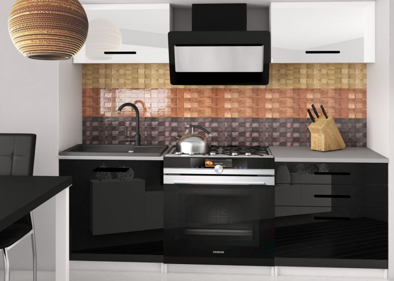 Meubles de cuisine 120 cm blanc brillant noir brillant avec plan de travail Fabricant INF VULCANO2/4/WT/WB/0/B1