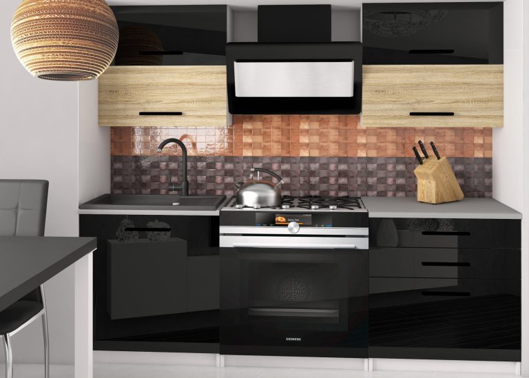 Meubles de cuisine 120 cm noir brillant chêne chêne wotan chêne sonoma avec plan de travail Fabricant INF ELEGANTA2/2/WT/BDSB/0/B1
