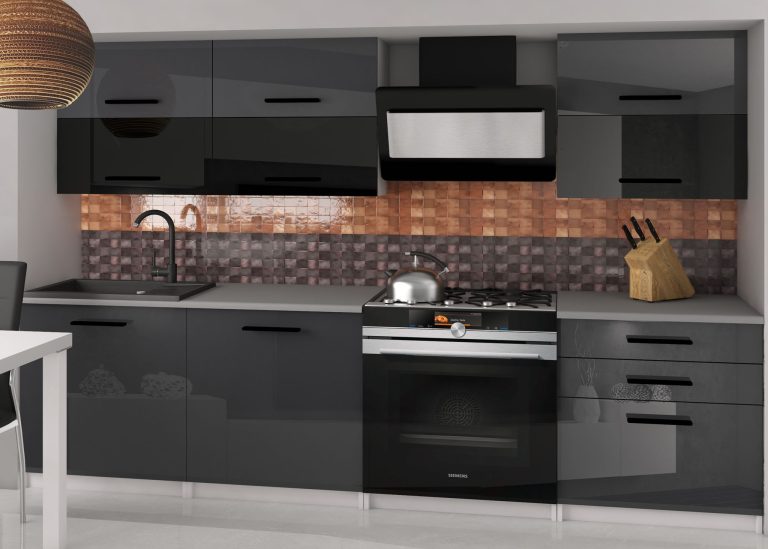 Meubles de cuisine 180 cm gris brillant noir brillant avec plan de travail Fabricant INF PRIMERA2/2/WT/SBS/0/B1