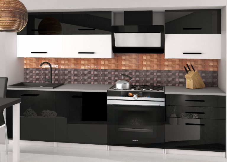 Meubles de cuisine 180 cm noir brillant blanc brillant avec plan de travail Fabricant INF PRIMERA2/2/WT/BWTB/0/B1