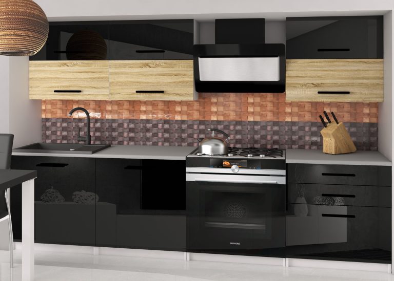 Meubles de cuisine 180 cm noir brillant chêne chêne wotan chêne sonoma avec plan de travail Fabricant INF PRIMERA2/2/WT/BDSB/0/B1