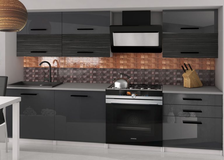Meubles de cuisine 180 cm gris brillant noir ébène foncé sans plan de travail Fabricant INF PRIMERA2/2/WT/SHKS/BB/B1
