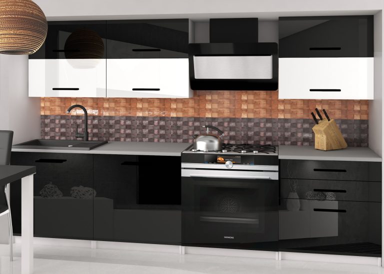 Meubles de cuisine 180 cm noir brillant blanc brillant avec plan de travail Fabricant INF PRIMERA2/2/WT/BWB/0/B1