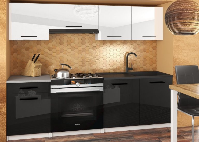 Meubles de cuisine 180 cm blanc brillant noir brillant avec plan de travail Fabricant INF SUPERUNIQA2/4/WT/WB/0/B1