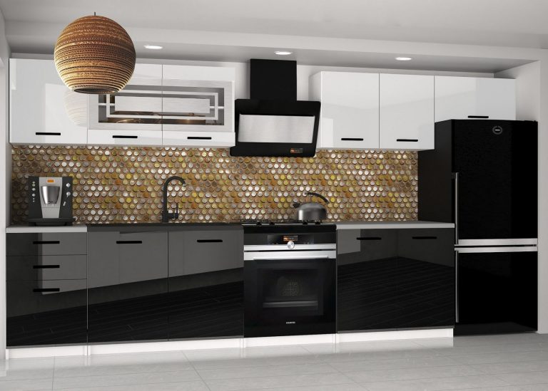 Meubles de cuisine 240 cm blanc brillant noir brillant avec plan de travail Fabricant INF ELLA2/6/WT/WB/0/B1