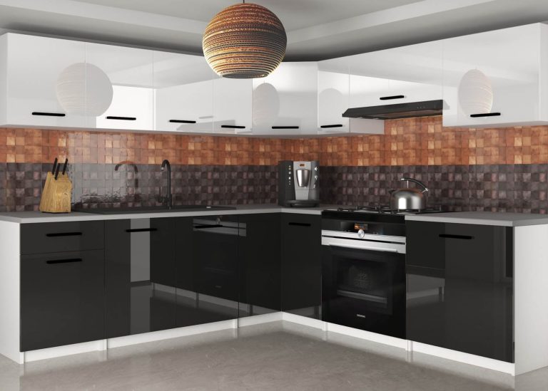 Meubles de cuisine 420 cm blanc brillant noir brillant avec plan de travail Fabricant INF UNIQAPLUS/4/WT/WB/0/B1