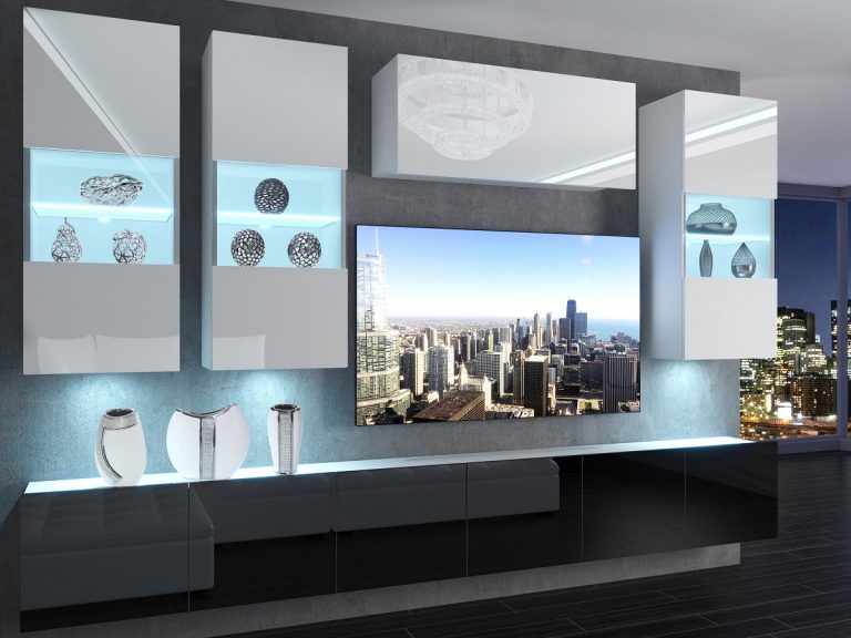 Meuble mural 300 cm Belini blanc brillant / noir brillant Imperium 5 Fabricant IMP 5/5/W/WB/0/0