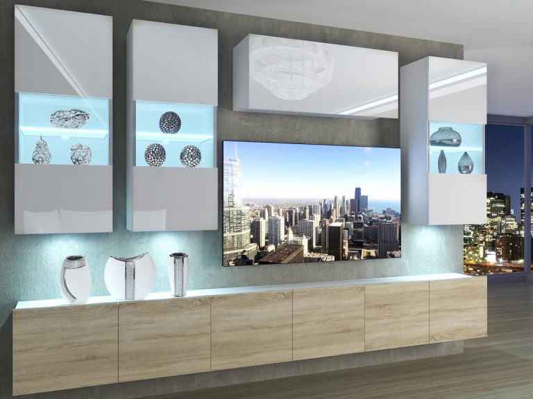 Meuble mural 300 cm Belini blanc brillant / chêne sonoma Imperium 5 Fabricant IMP 5/5/W/WDS/0/0