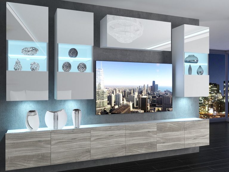 Meuble mural 300 cm Belini blanc brillant / gris anthracite Glamour Wood Imperium 5 Fabricant IMP 5/5/W/WGW1/0/0