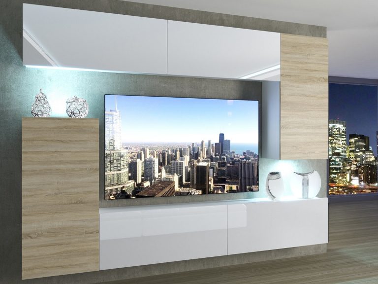 Meuble mural 250 cm Belini blanc brillant / chêne sonoma Imperium 8 Fabricant IMP 8/5/W/WDSDSW/0/0