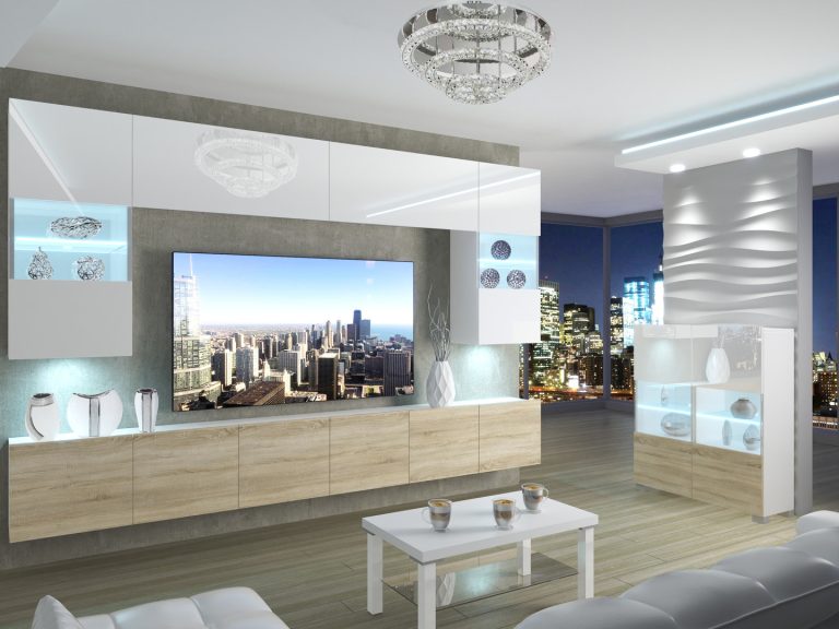 Meuble mural 300 cm Belini blanc brillant / chêne sonoma Imperium 1 Fabricant IMP 1/5/W/WDS/0/0