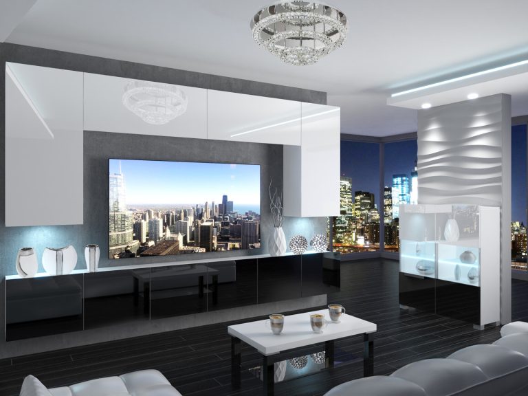 Meuble mural 300 cm Belini blanc brillant / noir brillant Imperium 2 Fabricant IMP 2/5/W/WB/0/0