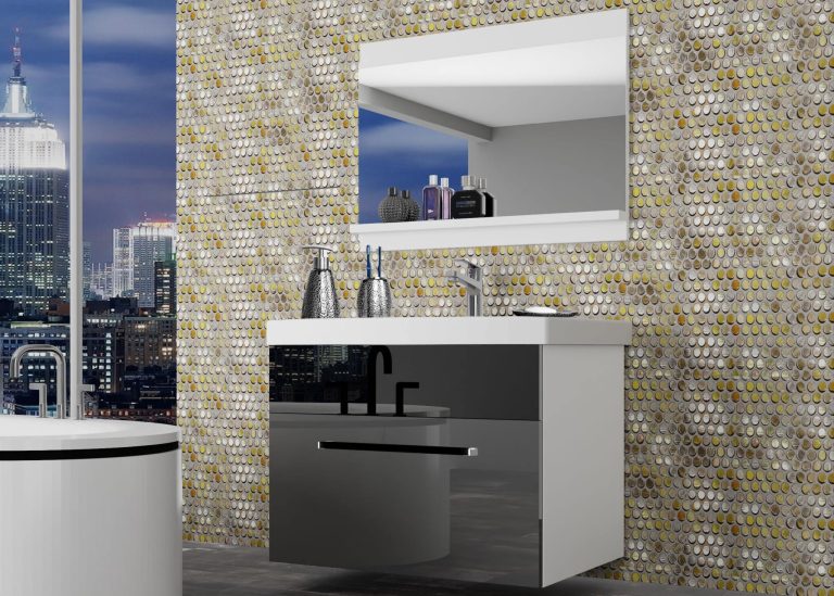 Meubles de salle de bain Belini gris brillant / noir brillant + lavabo + miroir Fabricant ROD P 1/0/W/SB/0/ZW
