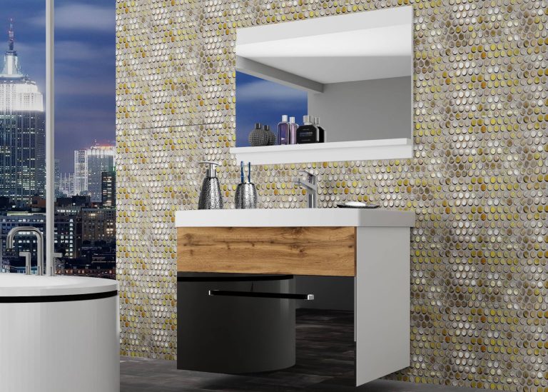 Meuble de salle de bain Belini noir brillant / chêne wotan + lavabo + miroir Fabricant ROD PM 1/0/W/BDW/0/ZW
