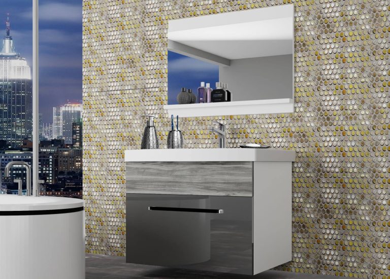 Meuble de salle de bain Belini gris brillant / gris anthracite Glamour Wood + lavabo + miroir Fabricant ROD PM 1/0/W/SGW1/0/ZW
