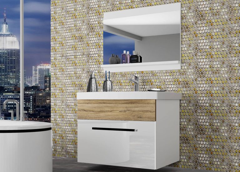 Meuble de salle de bain Belini blanc brillant / chêne sonoma + lavabo + miroir Fabricant ROD PM 1/0/W/WDS/0/ZW
