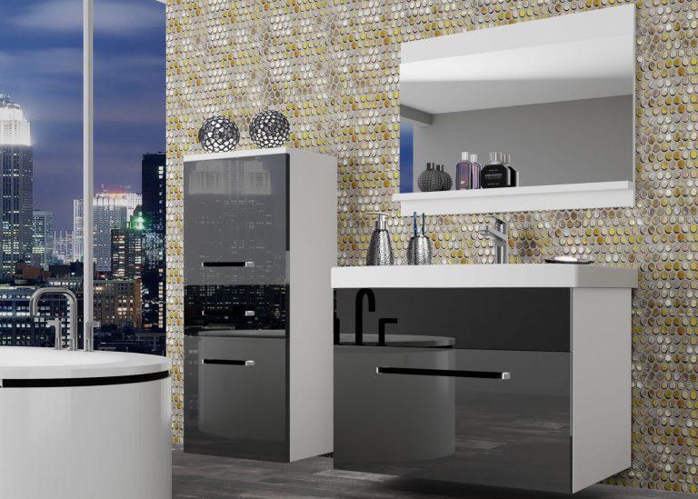 Meubles de salle de bain Belini gris brillant / noir brillant + lavabo + miroir Fabricant ROD P 2/0/W/SB/0/ZW