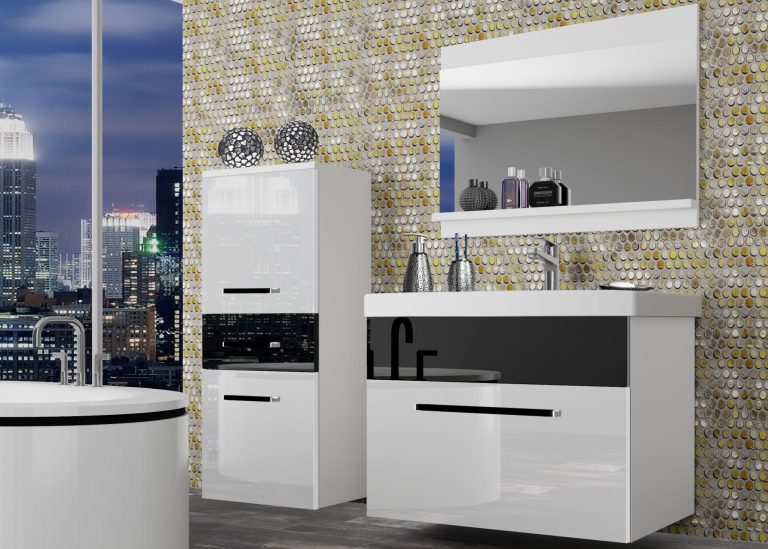 Meubles de salle de bain Belini blanc brillant / noir brillant + lavabo + miroir Fabricant ROD P 2/0/W/WB/0/ZW