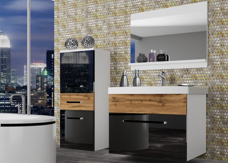 Meuble de salle de bain Belini noir brillant / chêne wotan + lavabo + miroir Fabricant ROD PM 2/0/W/BDW/0/ZW