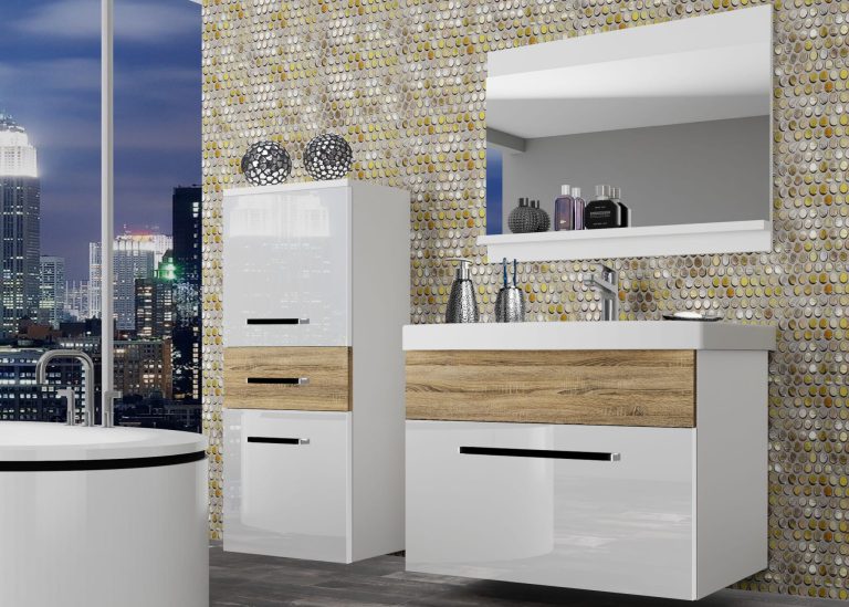 Meuble de salle de bain Belini blanc brillant / chêne sonoma + lavabo + miroir Fabricant ROD PM 2/0/W/WDS/0/ZW