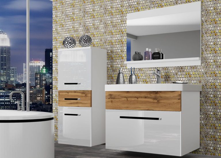 Meuble de salle de bain Belini blanc brillant / chêne wotan + lavabo + miroir Fabricant ROD PM 2/0/W/WDW/0/ZW