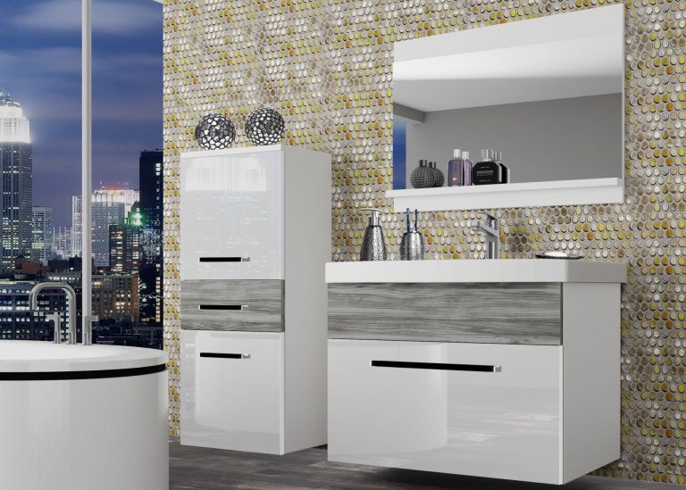 Meubles de salle de bain Belini blanc brillant / gris anthracite Glamour Wood + lavabo + miroir Fabricant ROD PM 2/0/W/WGW1/0/ZW