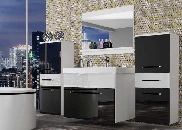 Meubles de salle de bain Belini noir brillant / blanc brillant + lavabo + miroir Fabricant ROD P 4/0/W/BW/0/ZW