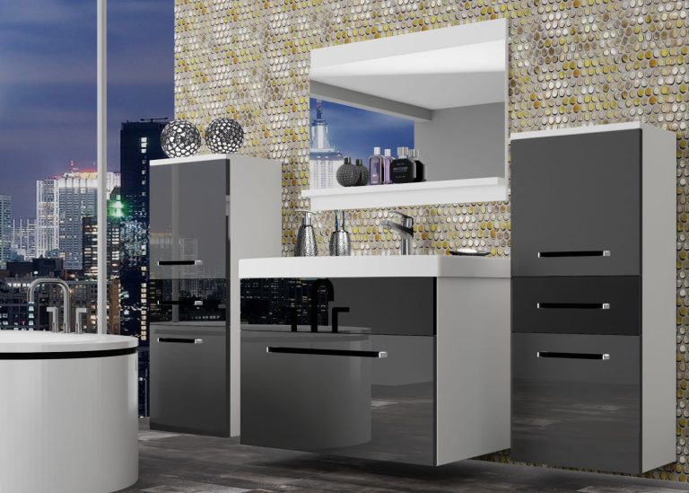 Meubles de salle de bain Belini gris brillant / noir brillant + lavabo + miroir Fabricant ROD P 4/0/W/SB/0/ZW