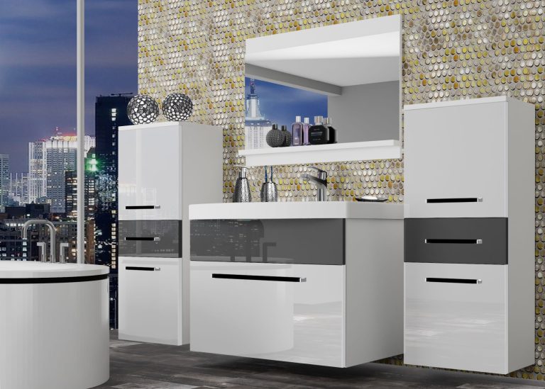 Meubles de salle de bain Belini blanc brillant / gris brillant + lavabo + miroir Fabricant ROD P 4/0/W/WS/0/ZW