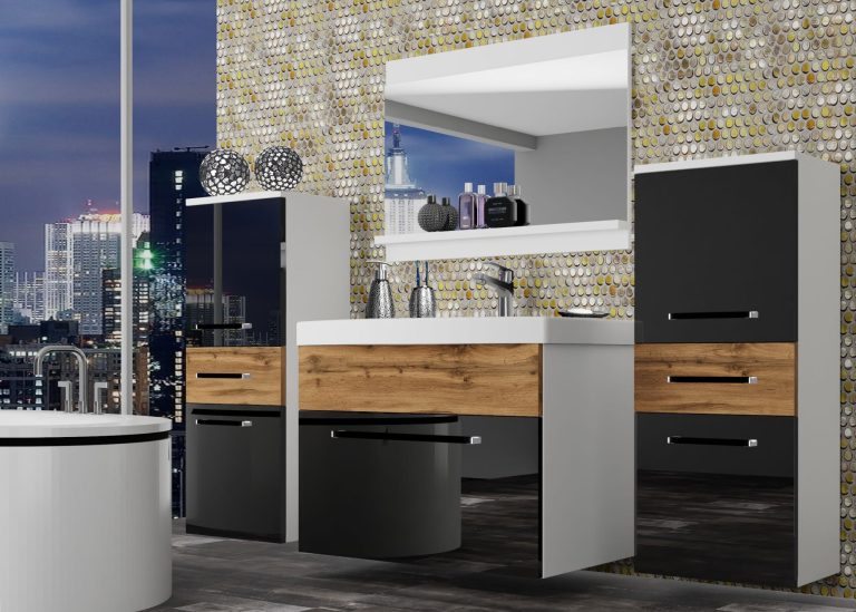 Meuble de salle de bain Belini noir brillant / chêne wotan + lavabo + miroir Fabricant ROD PM 4/0/W/BDW/0/ZW