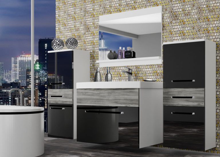 Meuble de salle de bain Belini noir brillant / gris anthracite Glamour Wood + lavabo + miroir Fabricant ROD PM 4/0/W/BGW1/0/ZW