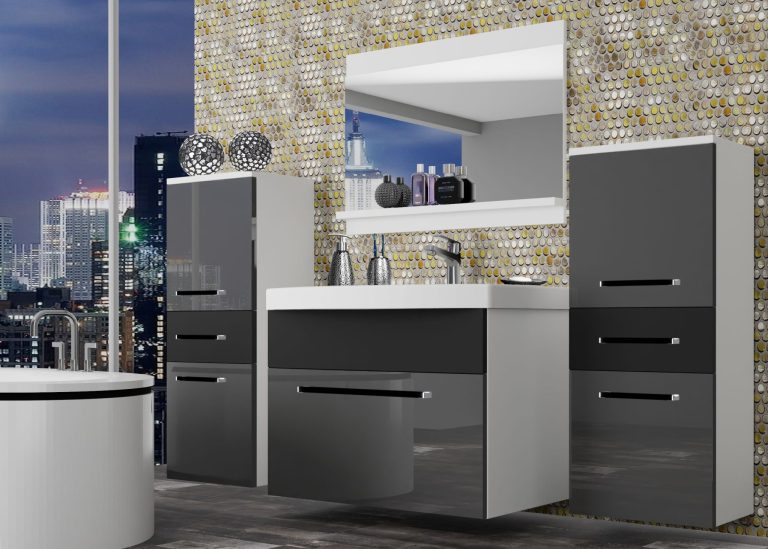 Meuble de salle de bain Belini gris brillant / noir mat + lavabo + miroir Fabricant ROD PM 4/0/W/SB/0/ZW