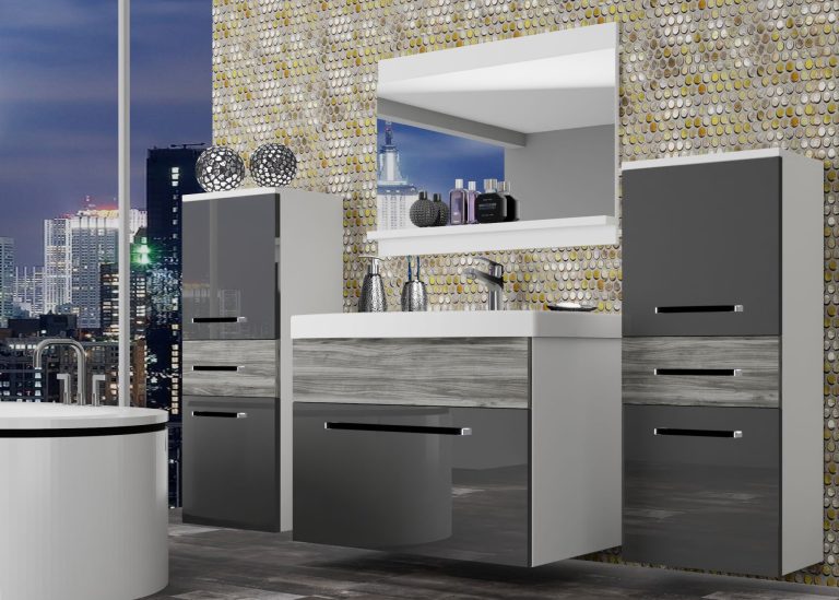 Meuble de salle de bain Belini gris brillant / gris anthracite Glamour Wood + lavabo + miroir Fabricant ROD PM 4/0/W/SGW1/0/ZW