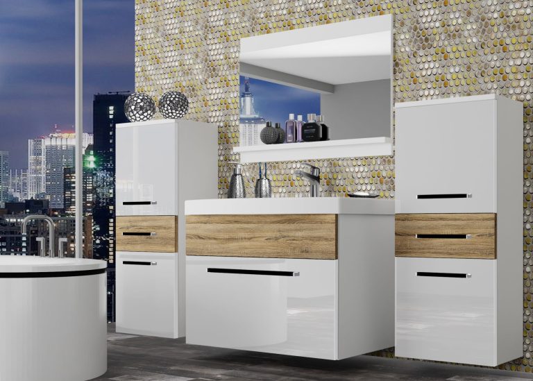 Meuble de salle de bain Belini blanc brillant / chêne sonoma + lavabo + miroir Fabricant ROD PM 4/0/W/WDS/0/ZW