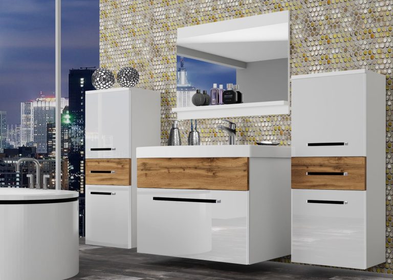 Meuble de salle de bain Belini blanc brillant / chêne wotan + lavabo + miroir Fabricant ROD PM 4/0/W/WDW/0/ZW