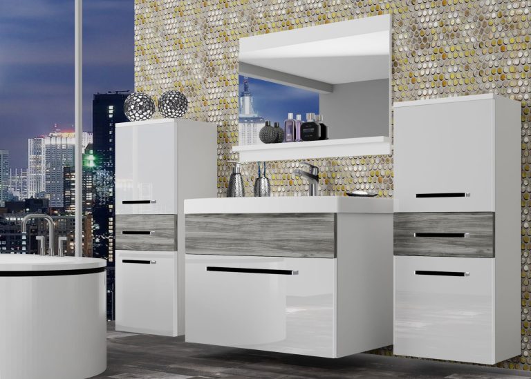 Meuble de salle de bain Belini blanc brillant / gris anthracite Glamour Wood + lavabo + miroir Fabricant ROD PM 4/0/W/WGW1/0/ZW