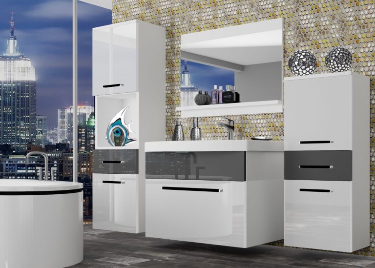 Meubles de salle de bain Belini blanc brillant / gris brillant + lavabo + miroir Fabricant ROD P 5/0/W/WS/0/ZW