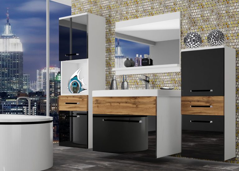 Meuble de salle de bain Belini noir brillant / chêne wotan + lavabo + miroir Fabricant ROD PM 5/0/W/BDW/0/ZW