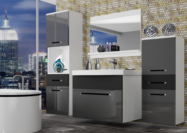 Meuble de salle de bain Belini gris brillant / noir mat + lavabo + miroir Fabricant ROD PM 5/0/W/SB/0/ZW