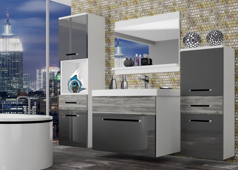 Meuble de salle de bain Belini gris brillant / gris anthracite Glamour Wood + lavabo + miroir Fabricant ROD PM 5/0/W/SGW1/0/ZW
