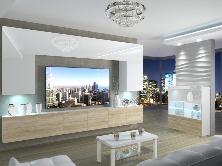 Meuble mural 300 cm Belini  blanc brillant / chêne sonoma Imperium 2 Fabricant IMP 2/5/W/WDS/0/0