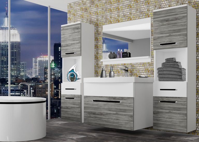 Meuble de salle de bain Belini gris anthracite Glamour Wood / blanc mat + lavabo + miroir Fabricant ROD M 6/0/W/GW1W/0/ZW