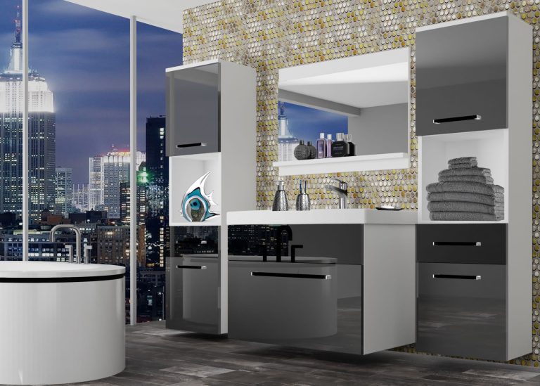 Meubles de salle de bain Belini gris brillant / noir brillant + lavabo + miroir Fabricant ROD P 6/0/W/SB/0/ZW