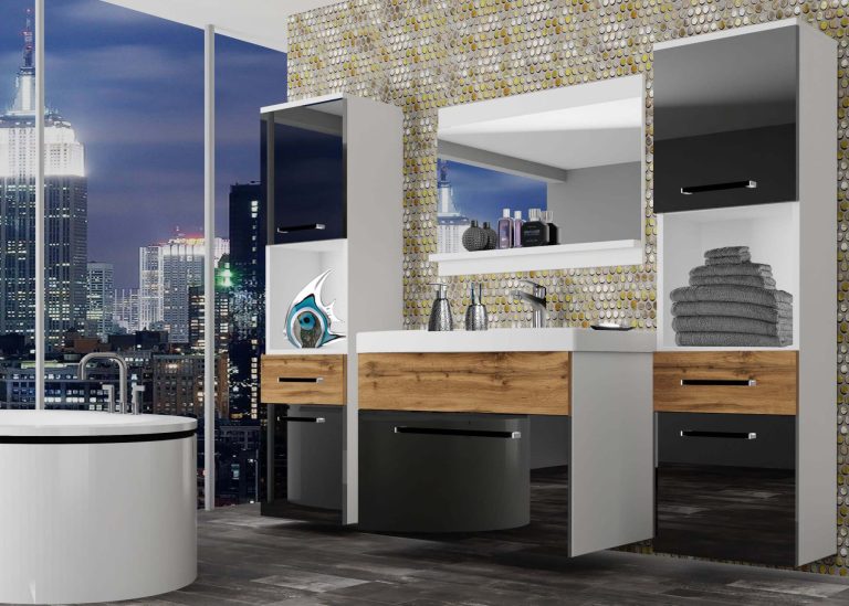 Meuble de salle de bain Belini noir brillant / chêne wotan + lavabo + miroir Fabricant ROD PM 6/0/W/BDW/0/ZW