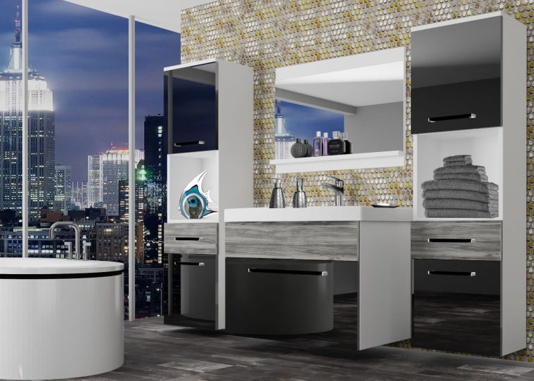 Meuble de salle de bain Belini noir brillant / gris anthracite Glamour Wood + lavabo + miroir Fabricant ROD PM 6/0/W/BGW1/0/ZW