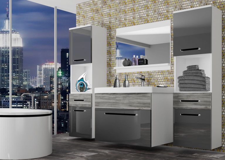 Meuble de salle de bain Belini gris brillant / gris anthracite Glamour Wood + lavabo + miroir Fabricant ROD PM 6/0/W/SGW1/0/ZW