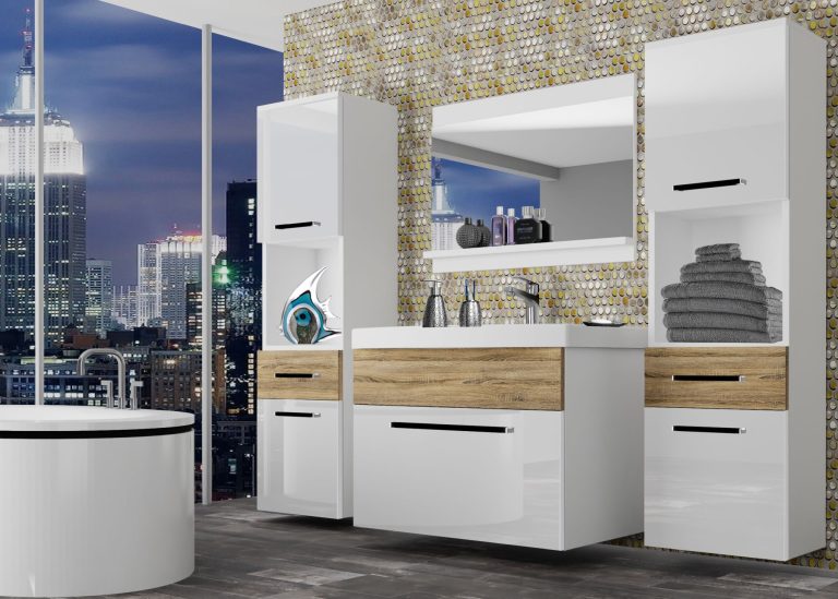 Meuble de salle de bain Belini blanc brillant / chêne sonoma + lavabo + miroir Fabricant ROD PM 6/0/W/WDS/0/ZW