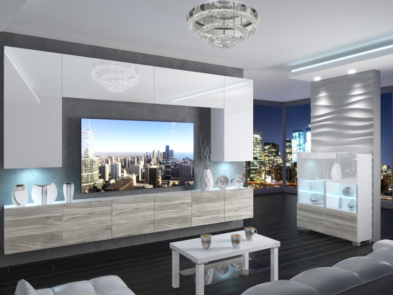 Meuble mural 300 cm Belini blanc brillant / gris anthracite Glamour Wood Imperium 2 Fabricant IMP 2/5/W/WGW1/0/0